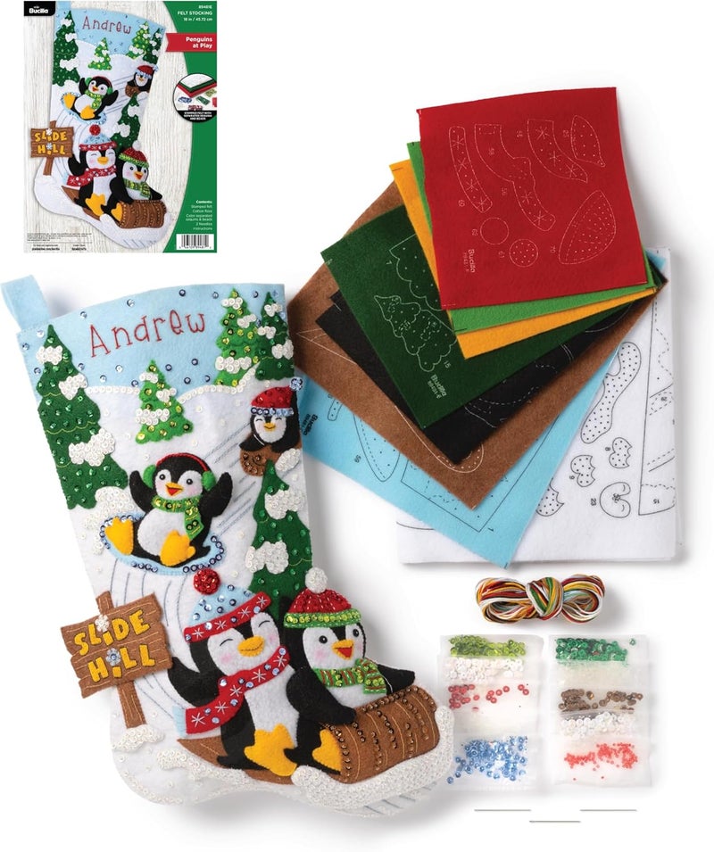 Bucilla Felt Applique 18" Stocking Making Kit, Penguins at Play, Perfect for DIY Arts and Crafts, 89481E - Image 1